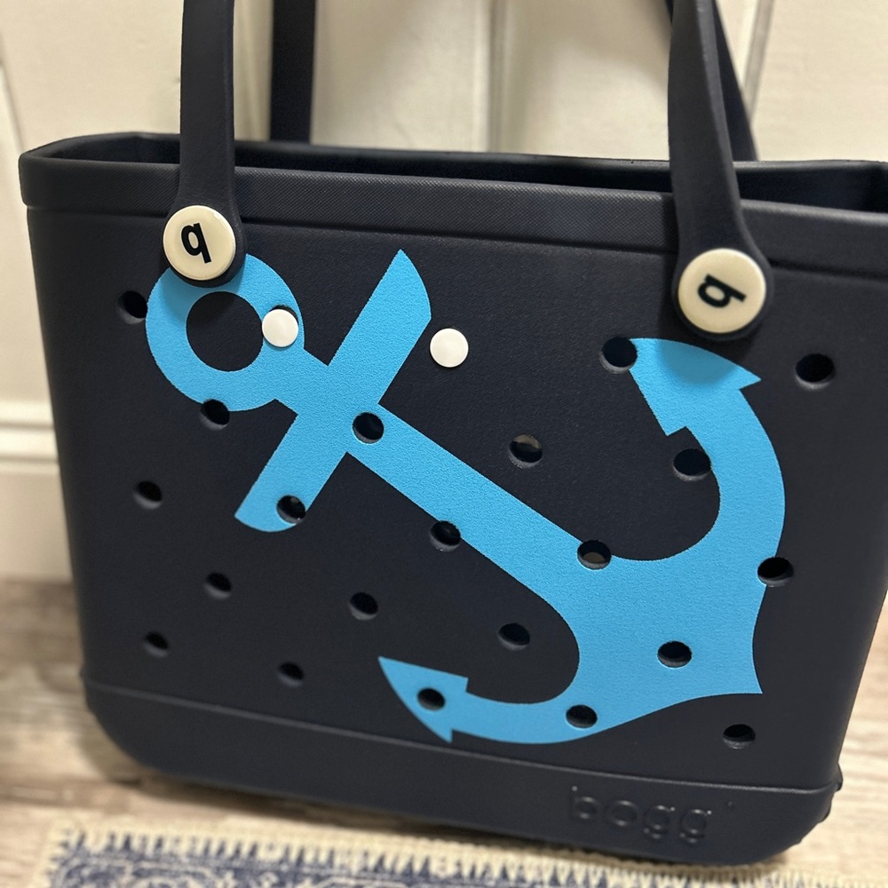 Bogg Bag- Navy Tote Bag with Blue Anchor Design